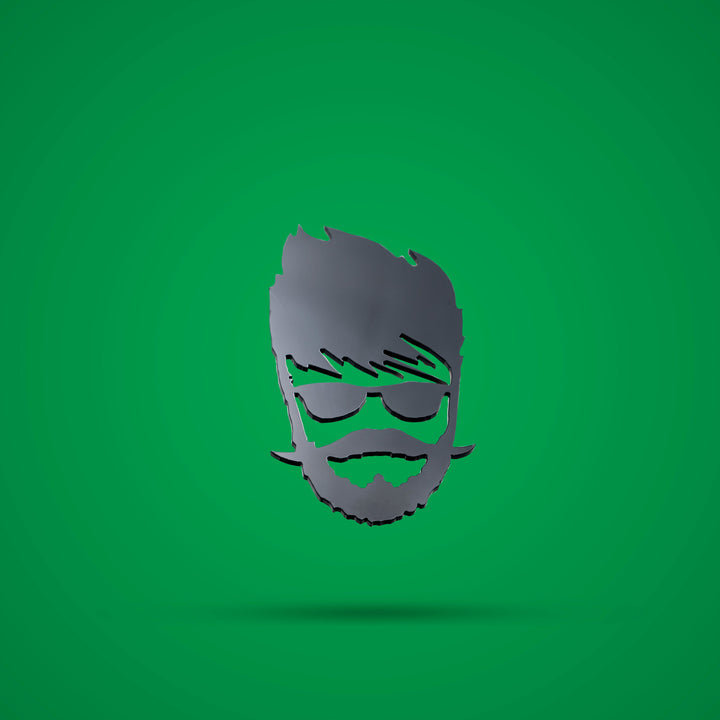 Metallic head silhouette with sunglasses and beard on a green background