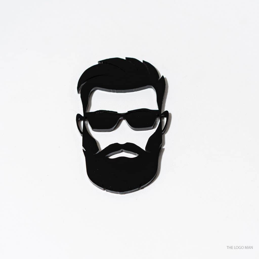 Black and white illustration of a man with a beard and sunglasses on a light gray background