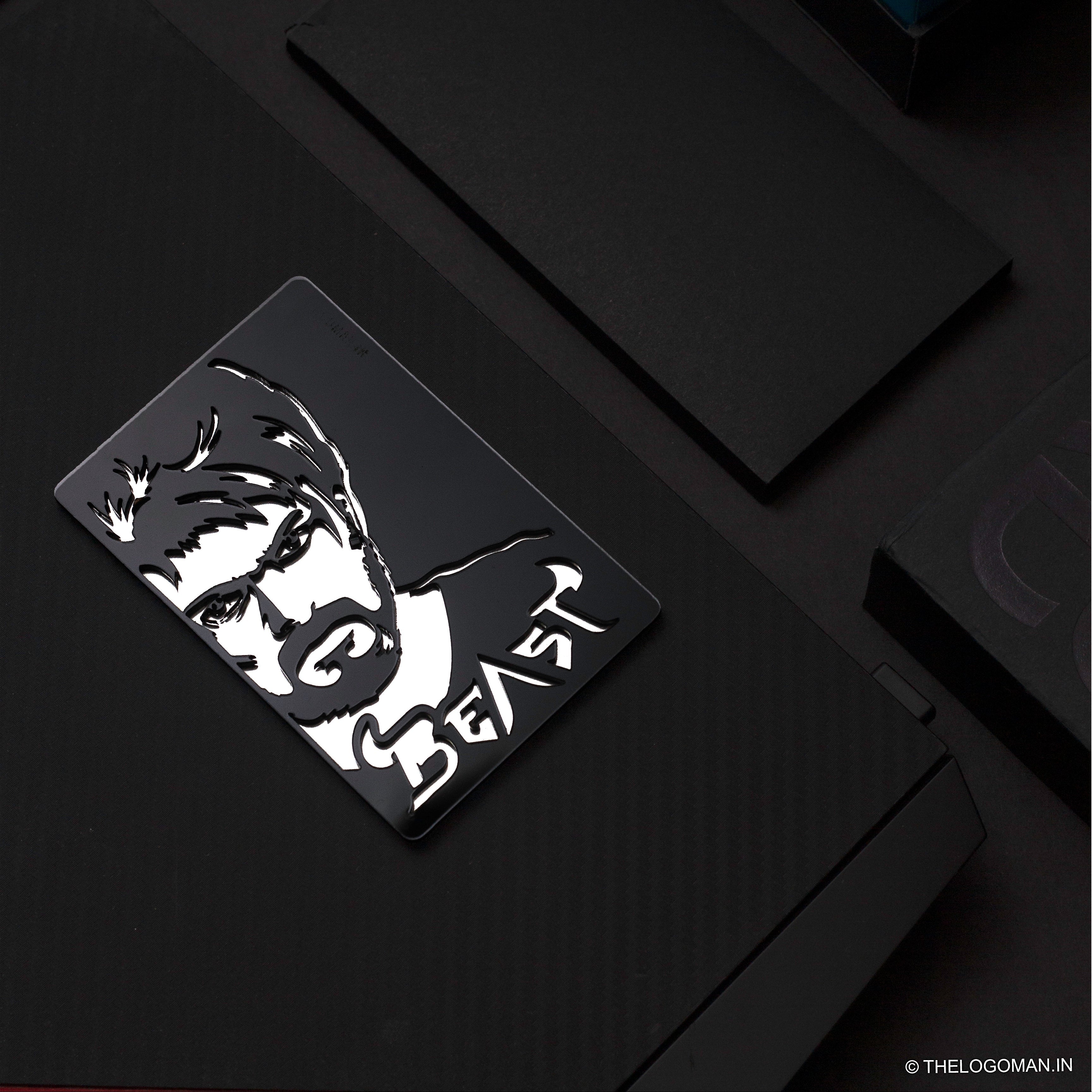 Black and white logo card with a stylized face and 'BEAST' text on a dark surface.