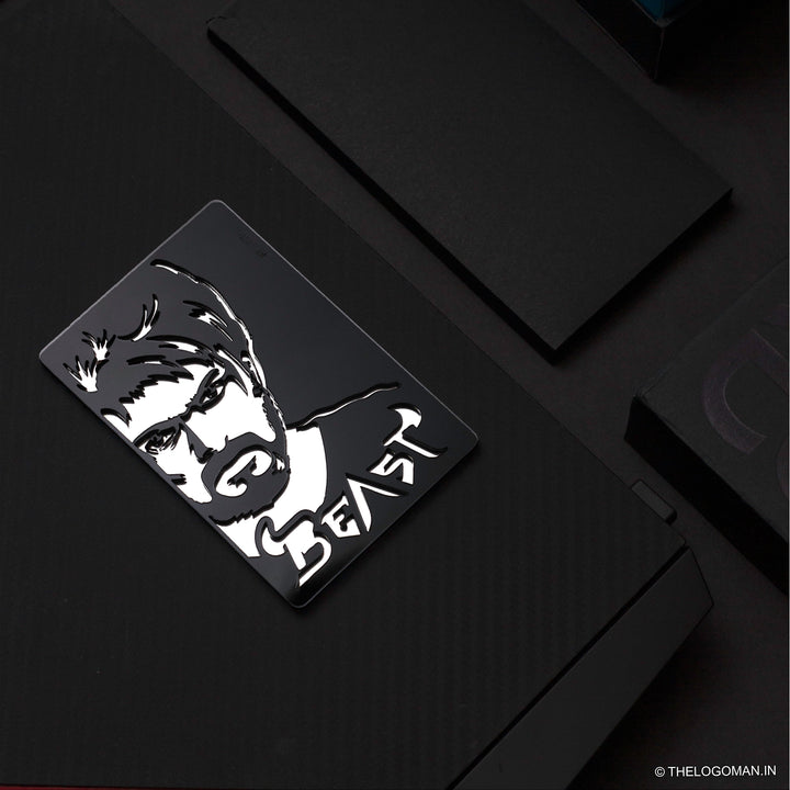 Black and white logo card with a stylized face and 'BEAST' text on a dark surface.
