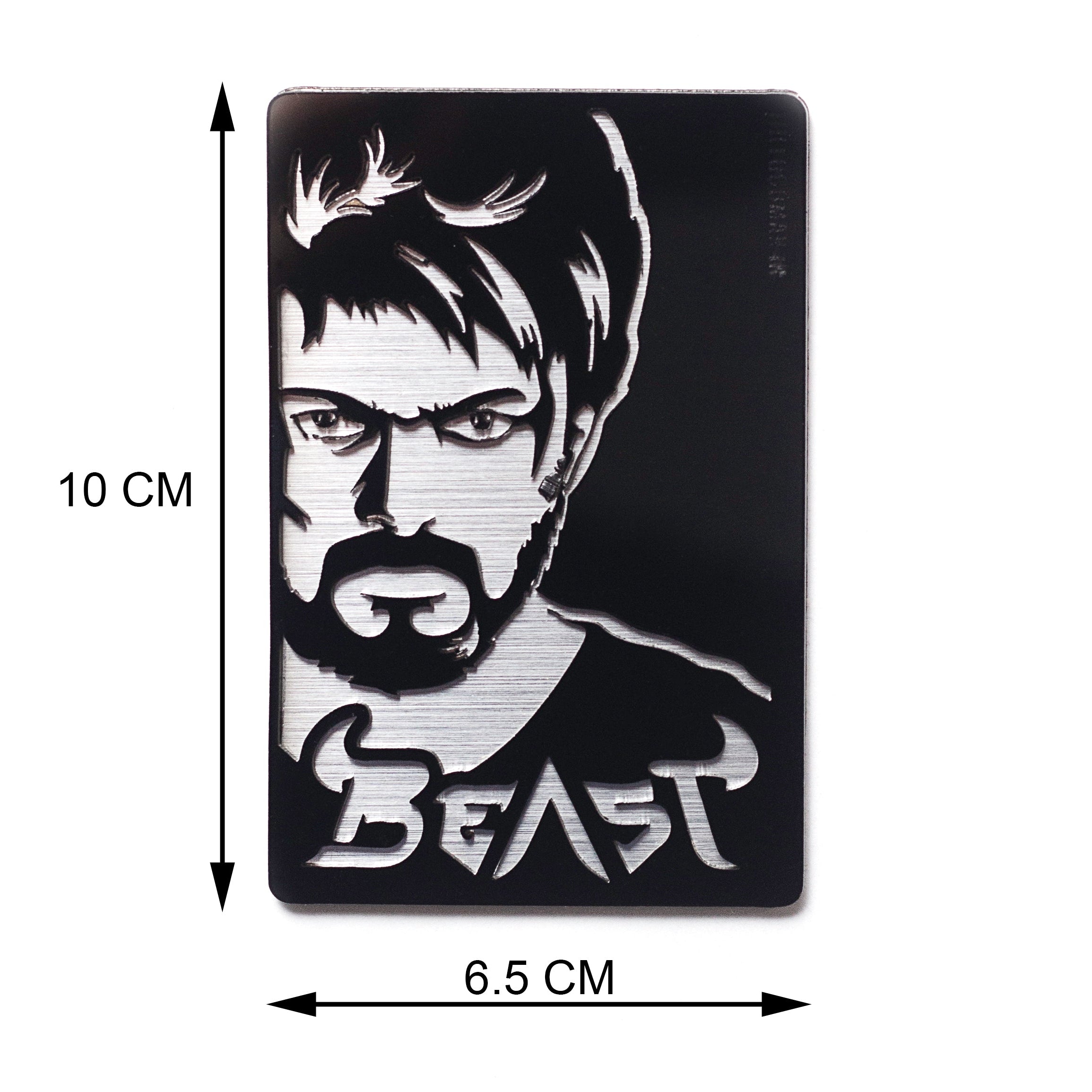 Metal sign with a stylized face and 'Beast' text, dimensions indicated.
