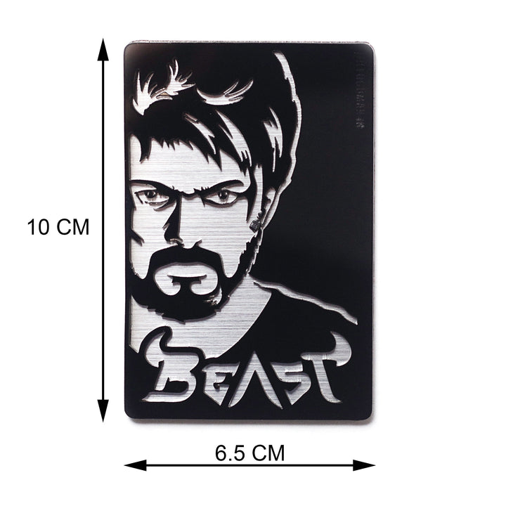 Metal sign with a stylized face and 'Beast' text, dimensions indicated.