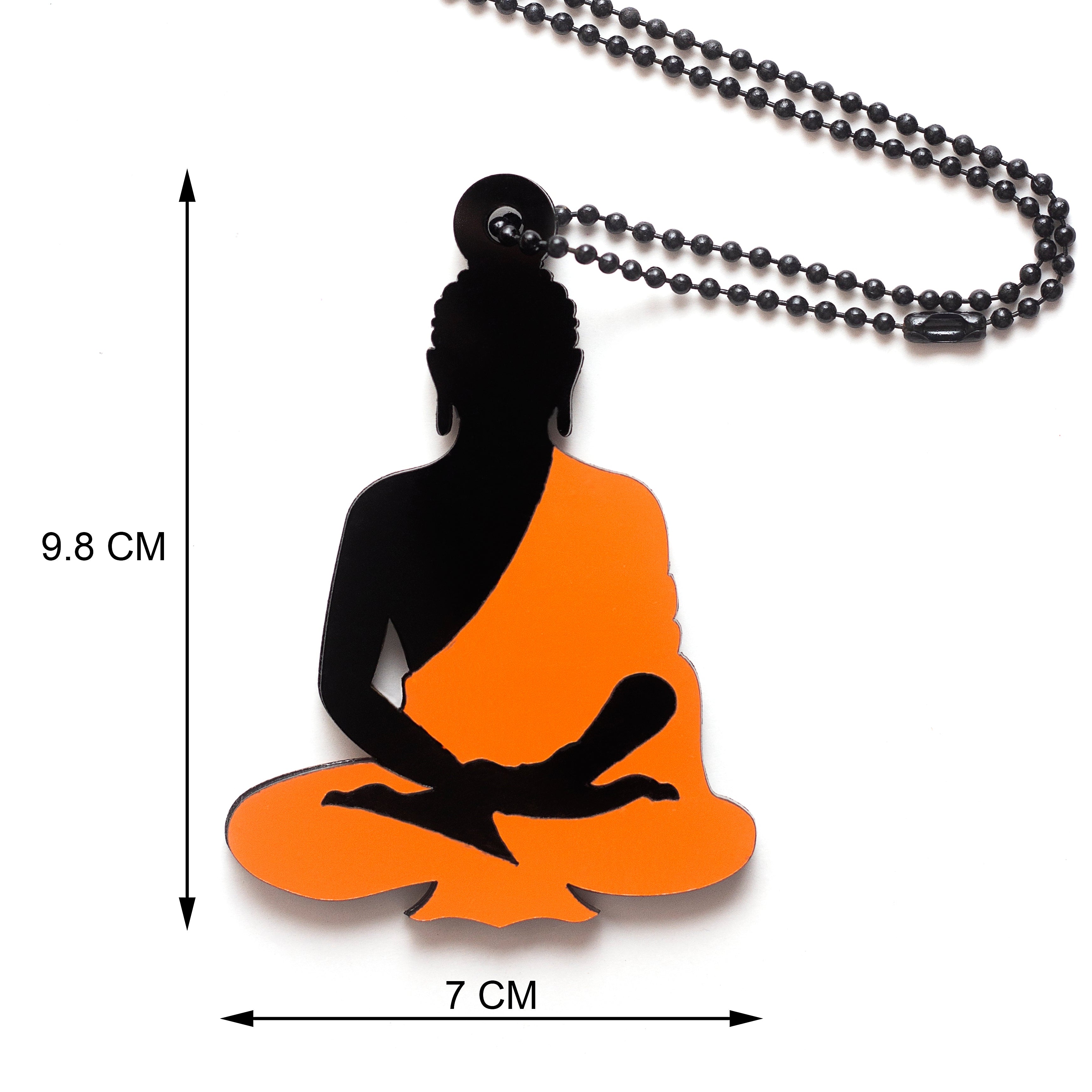 Buddha silhouette pendant with orange robe and black figure on a white background, featuring dimensions.