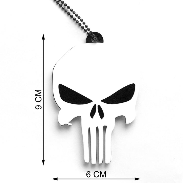 Punisher skull pendant with measurement details on a white background