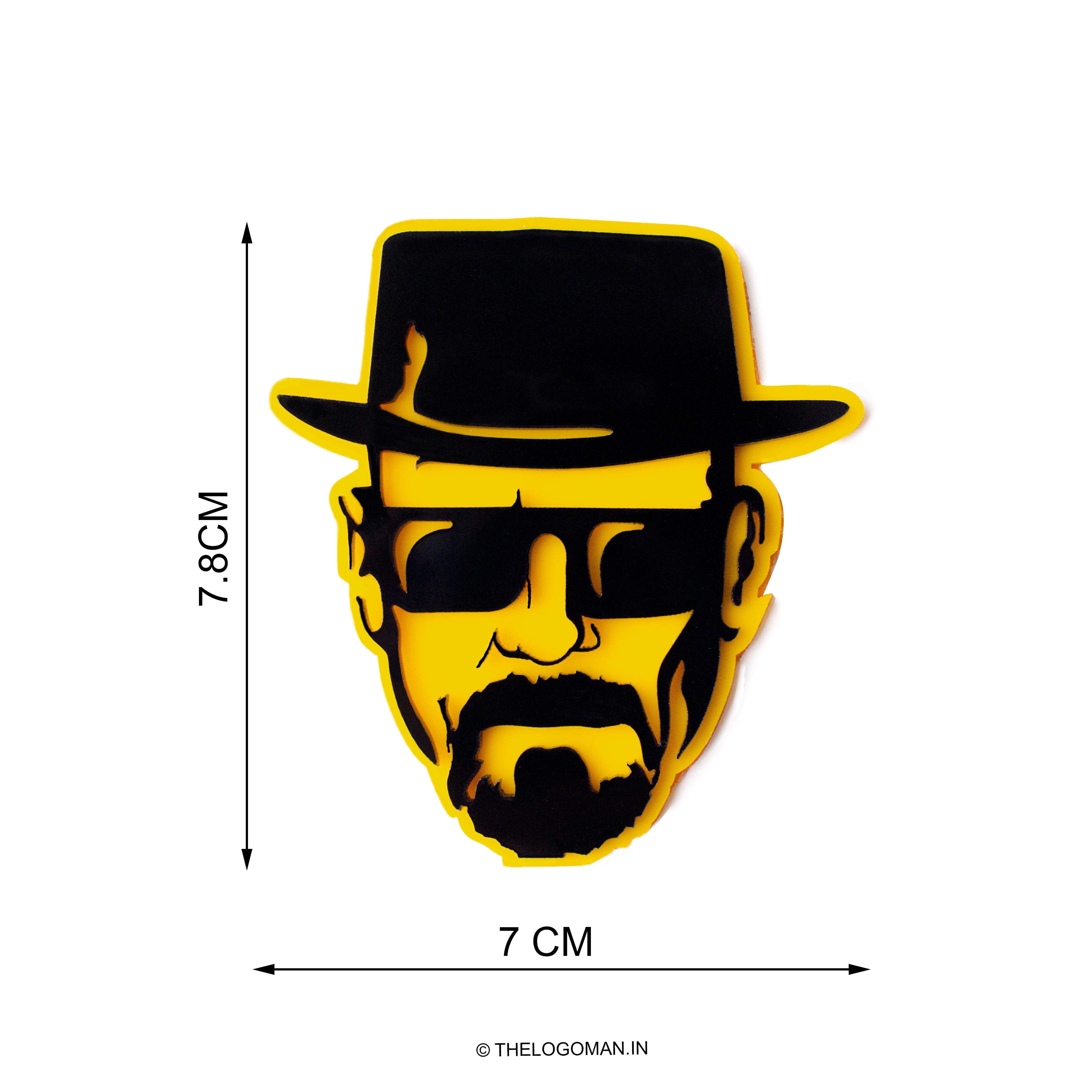 Yellow and black logo of a character with sunglasses and a hat, with measurements on a white background.