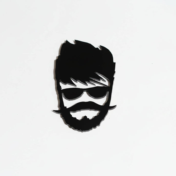 Black silhouette of a man with sunglasses and a beard on a white background