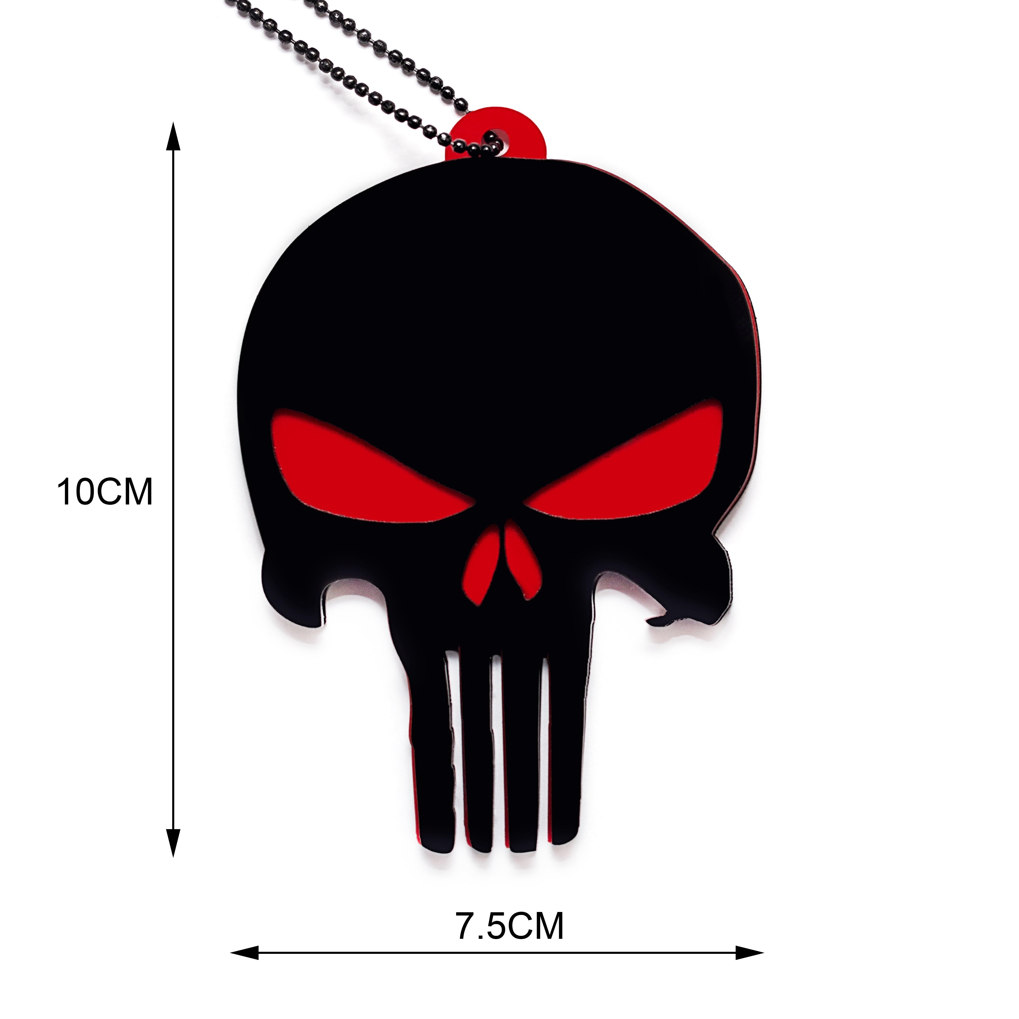 Black and red skull pendant with measurements on a white background
