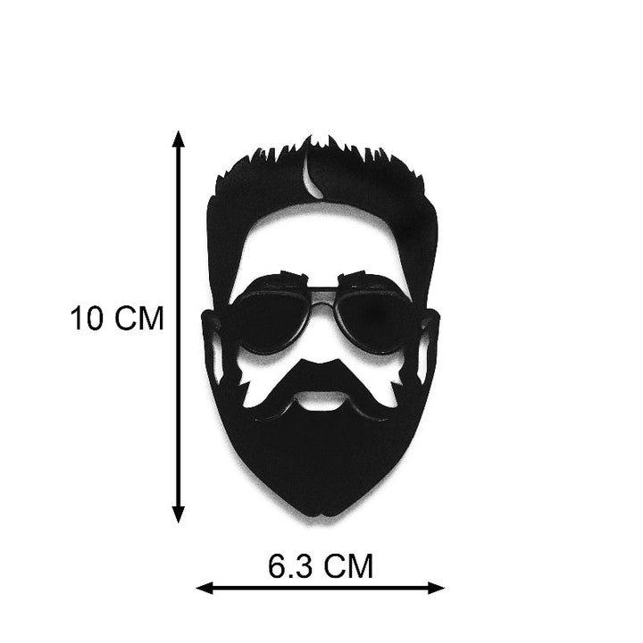 Illustration of a face with sunglasses and beard, showing dimensions on a white background.
