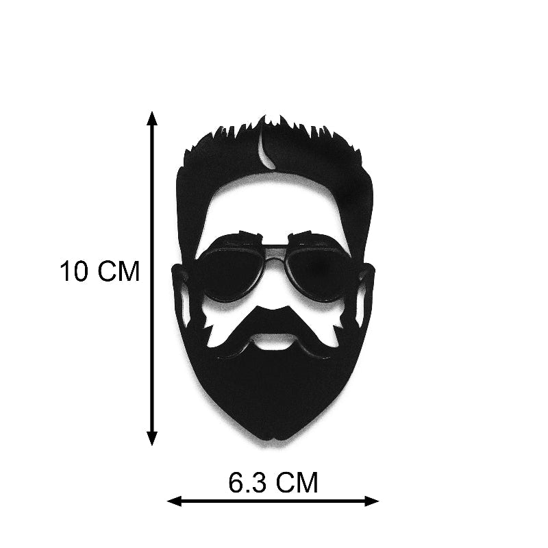 Illustration of a face with sunglasses and beard, showing dimensions on a white background.