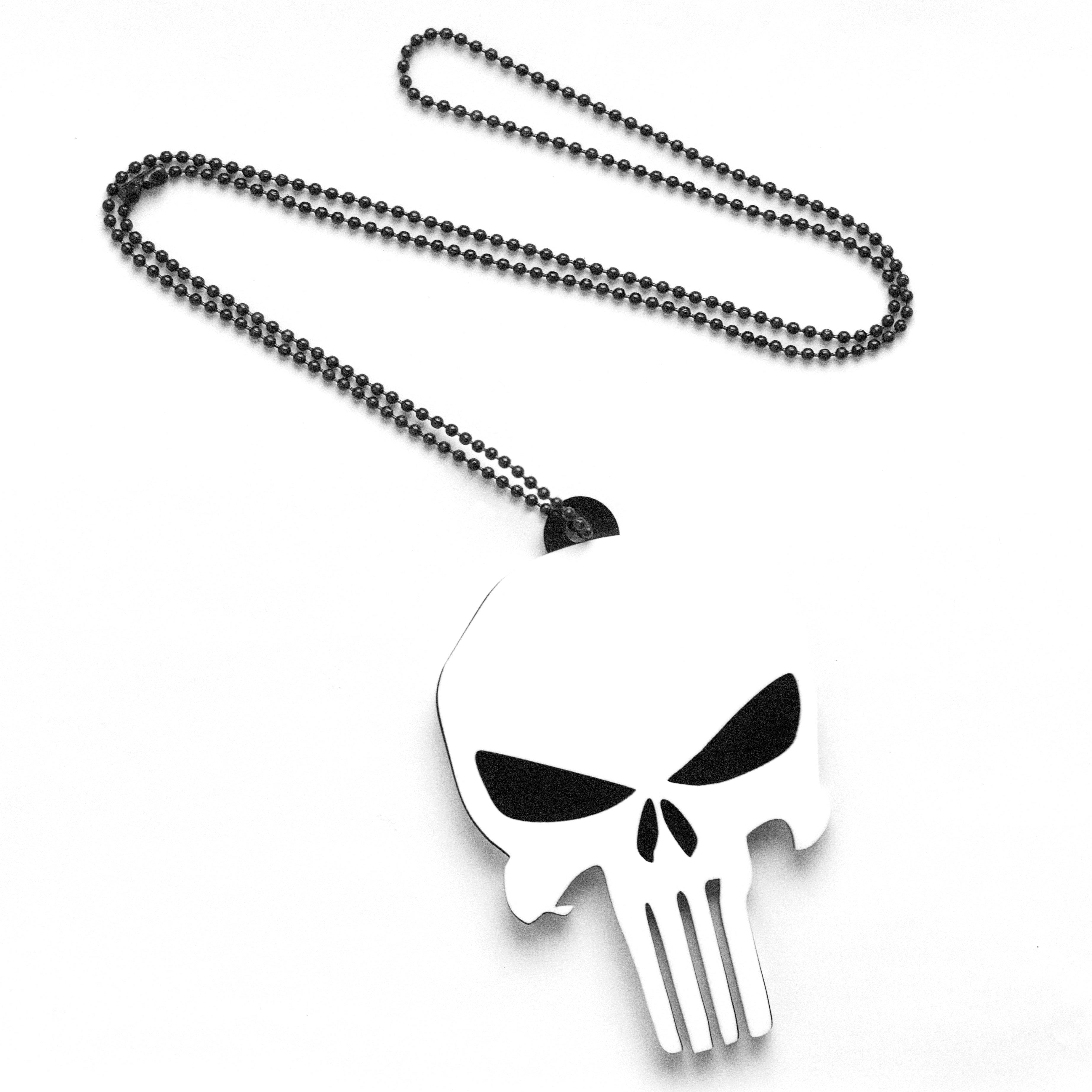 Punisher logo pendant on a chain against a white background